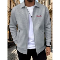 Men Waffle Lapel Zip Up Jacket Embroidery Logo Spring Autumn Long Sleeve Casual Coat Zipper Pockets Male Streetwear Outerwear