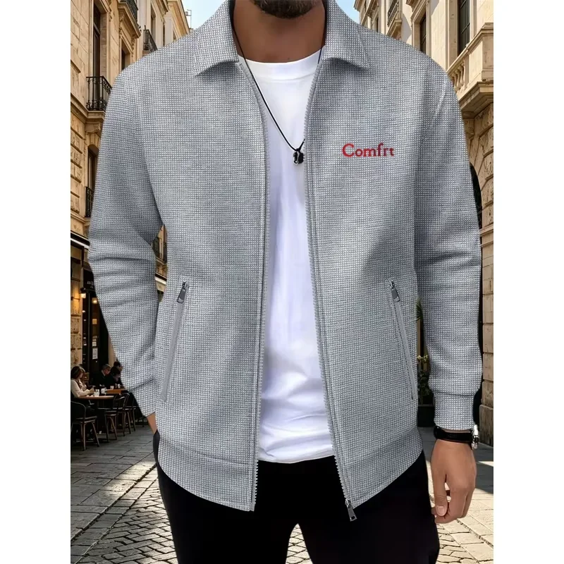 Men Waffle Lapel Zip Up Jacket Embroidery Logo Spring Autumn Long Sleeve Casual Coat Zipper Pockets Male Streetwear Outerwear