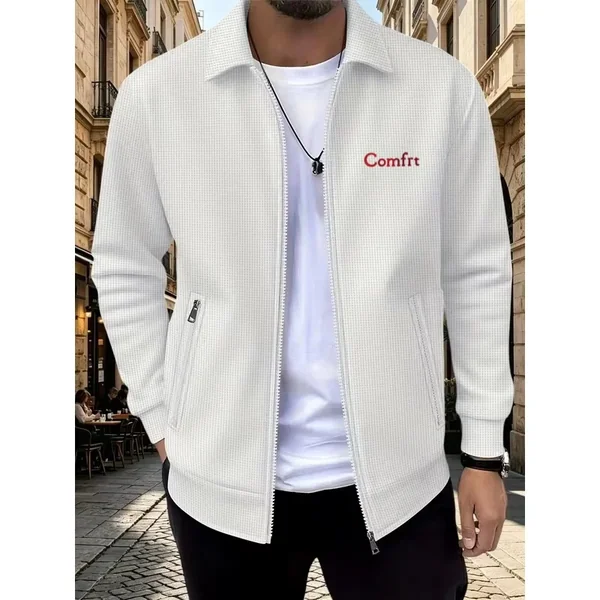 Men Waffle Lapel Zip Up Jacket Embroidery Logo Spring Autumn Long Sleeve Casual Coat Zipper Pockets Male Streetwear Outerwear