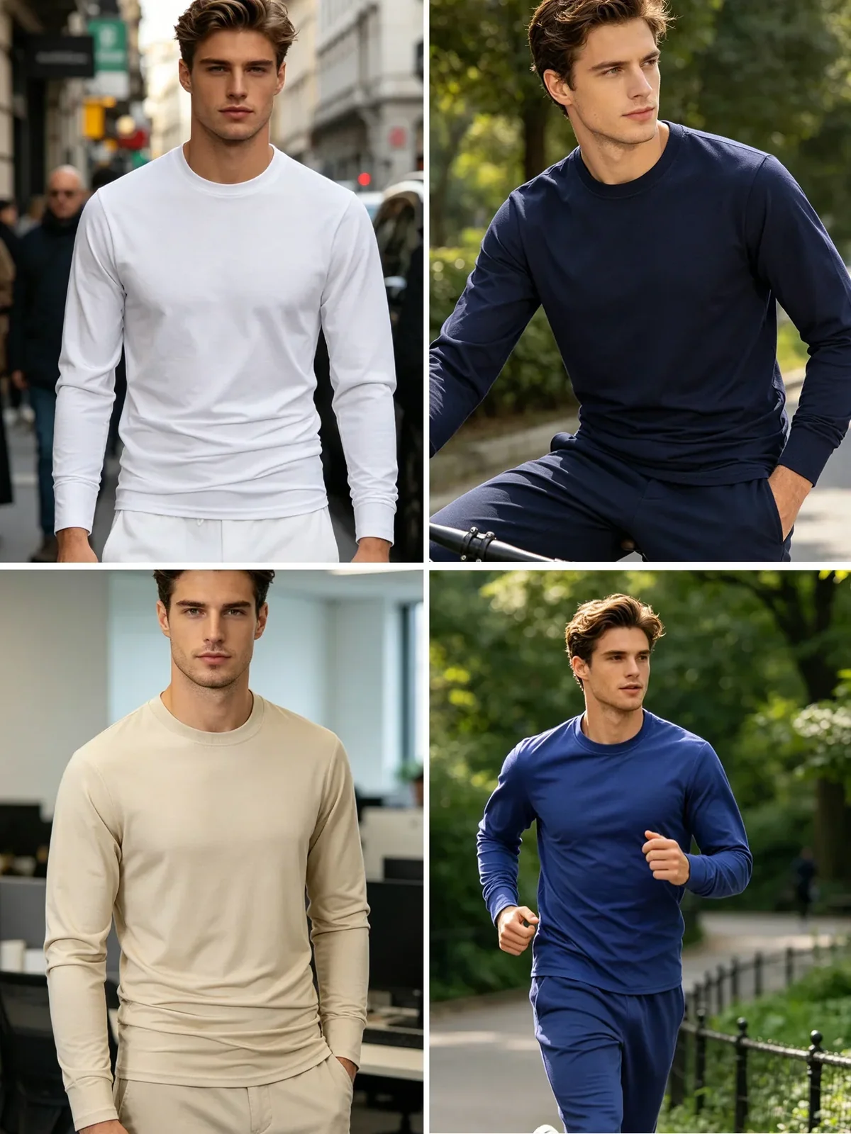Men's Long Sleeve T Shirt Casual Solid Color O Neck Slim Fit Basic Tee Male Tops Spring Autumn Casual Wear