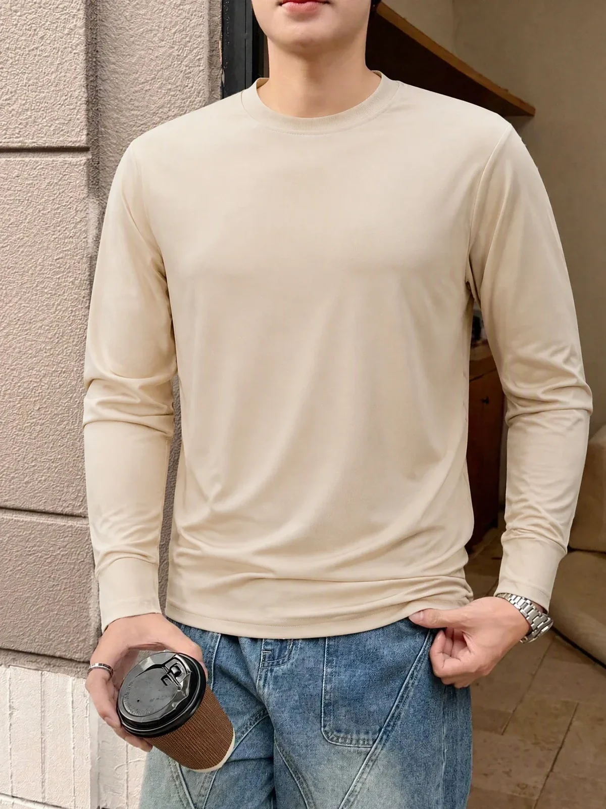Men's Long Sleeve T Shirt Casual Solid Color O Neck Slim Fit Basic Tee Male Tops Spring Autumn Casual Wear