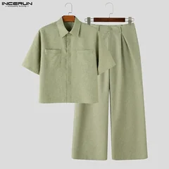 INCERUN Men's Sets Solid Lapel Short Sleeve Shirt Pants Two Piece Sets Streetwear Loose Casual Men Matching Sets Tracksuits 2026
