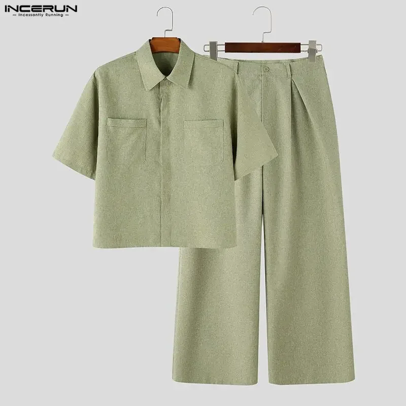 INCERUN Men's Sets Solid Lapel Short Sleeve Shirt Pants Two Piece Sets Streetwear Loose Casual Men Matching Sets Tracksuits 2026