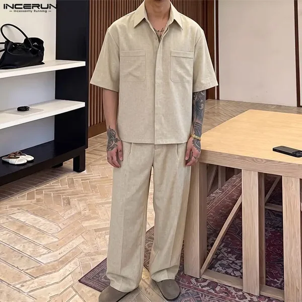 INCERUN Men's Sets Solid Lapel Short Sleeve Shirt Pants Two Piece Sets Streetwear Loose Casual Men Matching Sets Tracksuits 2026