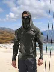 Men's Fishing Hooded Long-Sleeved Camouflage Sunscreen Breathable Anti-UV Lightweight Sweat-Resistant Fishing Shirt