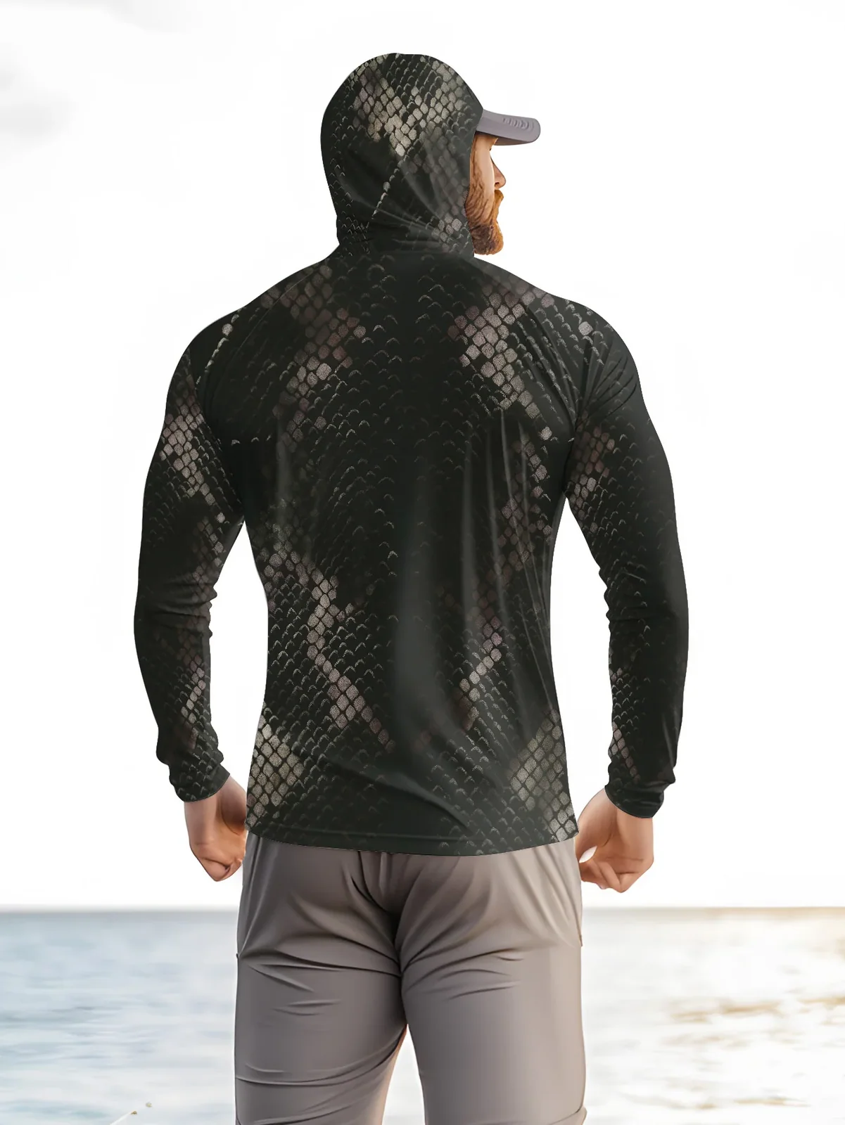 Men's Fishing Hooded Long-Sleeved Camouflage Sunscreen Breathable Anti-UV Lightweight Sweat-Resistant Fishing Shirt