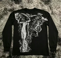 Gothic wing pattern long sleeved T-shirt polyester fiber round neck loose T-shirt street wear casual top unisex