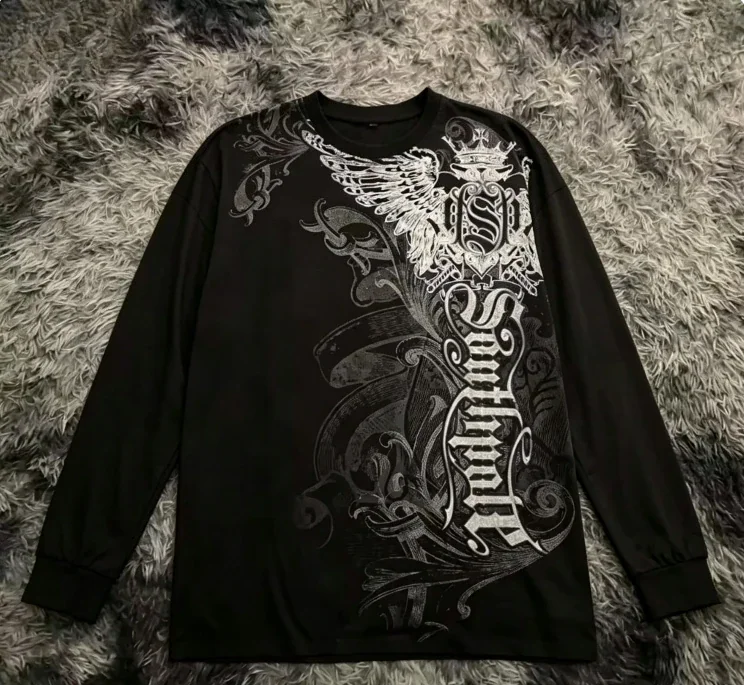 Gothic wing pattern long sleeved T-shirt polyester fiber round neck loose T-shirt street wear casual top unisex