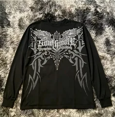Gothic wing pattern long sleeved T-shirt polyester fiber round neck loose T-shirt street wear casual top unisex