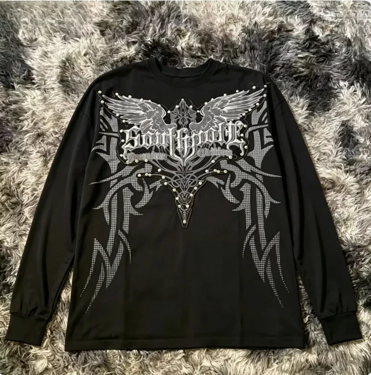 Gothic wing pattern long sleeved T-shirt polyester fiber round neck loose T-shirt street wear casual top unisex