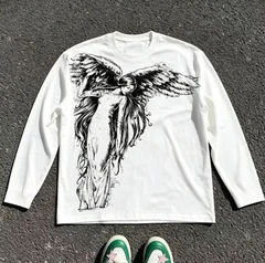 Gothic wing pattern long sleeved T-shirt polyester fiber round neck loose T-shirt street wear casual top unisex
