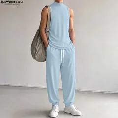 INCERUN Men Sets Solid Color Turtleneck Sleeveless Tank Tops Pants Two Piece Sets Streetwear Casual Men Matching Sets Tracksuits