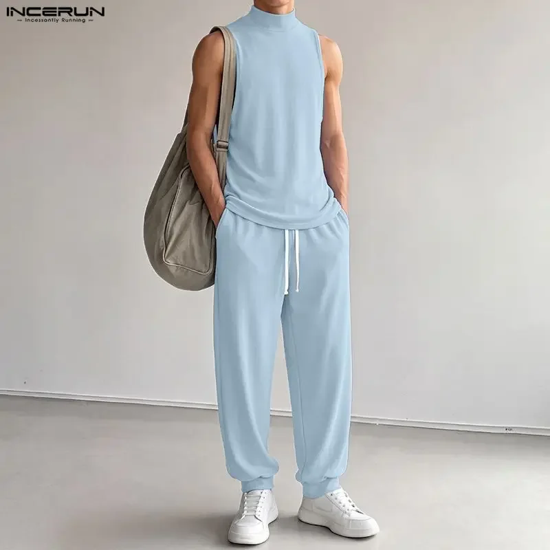 INCERUN Men Sets Solid Color Turtleneck Sleeveless Tank Tops Pants Two Piece Sets Streetwear Casual Men Matching Sets Tracksuits