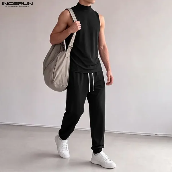 INCERUN Men Sets Solid Color Turtleneck Sleeveless Tank Tops Pants Two Piece Sets Streetwear Casual Men Matching Sets Tracksuits