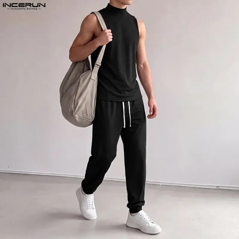 INCERUN Men Sets Solid Color Turtleneck Sleeveless Tank Tops Pants Two Piece Sets Streetwear Casual Men Matching Sets Tracksuits