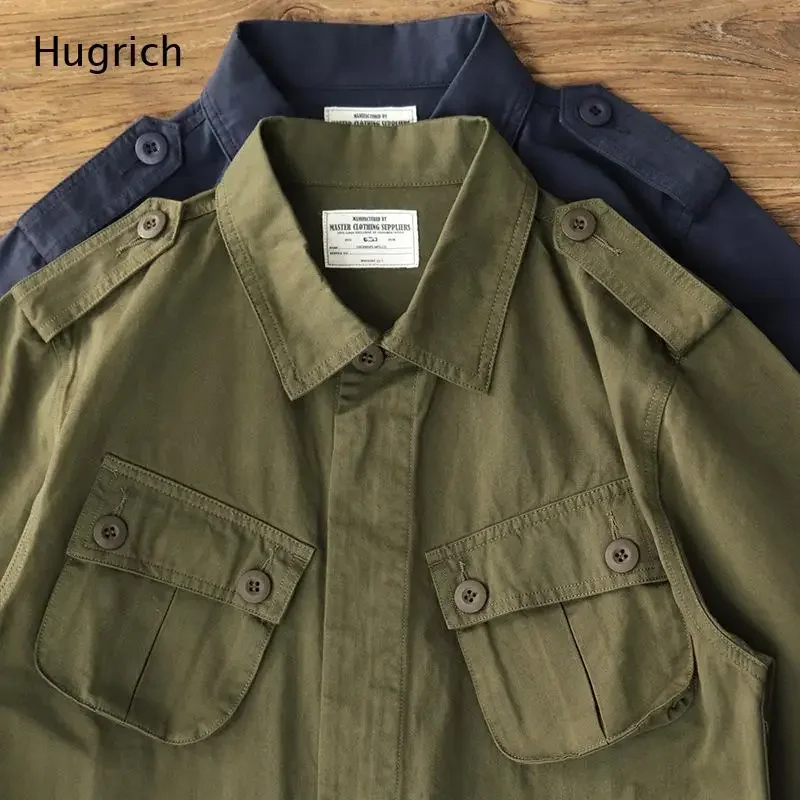 Men's Lightweight Cotton Army Green Epaulet Multi-Pocket Military Field Jacket