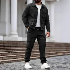 Vintage Fashion Men Suit Spring Autumn, Woven Fabric Multi Pockets Casual Retro Jacket, Versatile Full Suit