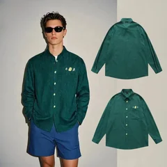 [B&C] British-style striped collared long-sleeve shirt men, niche trendy avocado green shirt autumn and winter