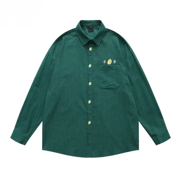 [B&C] British-style striped collared long-sleeve shirt men, niche trendy avocado green shirt autumn and winter