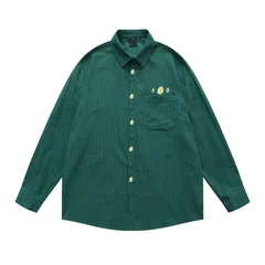 [B&C] British-style striped collared long-sleeve shirt men, niche trendy avocado green shirt autumn and winter