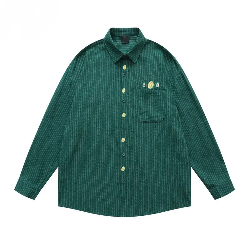 [B&C] British-style striped collared long-sleeve shirt men, niche trendy avocado green shirt autumn and winter