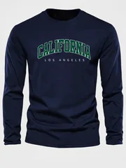 100% Pure Cotton Men's Long Sleeved Round Neck Loose Casual California Letter Printed Spring and Autumn Versatile T-Shirt Top