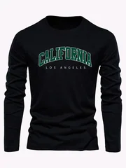 100% Pure Cotton Men's Long Sleeved Round Neck Loose Casual California Letter Printed Spring and Autumn Versatile T-Shirt Top