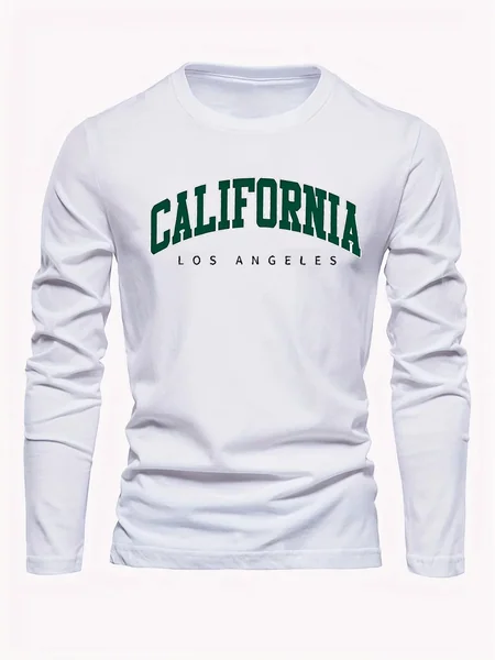 100% Pure Cotton Men's Long Sleeved Round Neck Loose Casual California Letter Printed Spring and Autumn Versatile T-Shirt Top