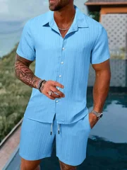 Men's Summer Casual 2 Piece Set Short Sleeve Button Down Shirt and Shorts Matching Set Loose Fit Beach Vacation Outfit