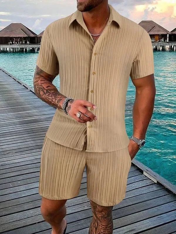 Men's Summer Casual 2 Piece Set Short Sleeve Button Down Shirt and Shorts Matching Set Loose Fit Beach Vacation Outfit