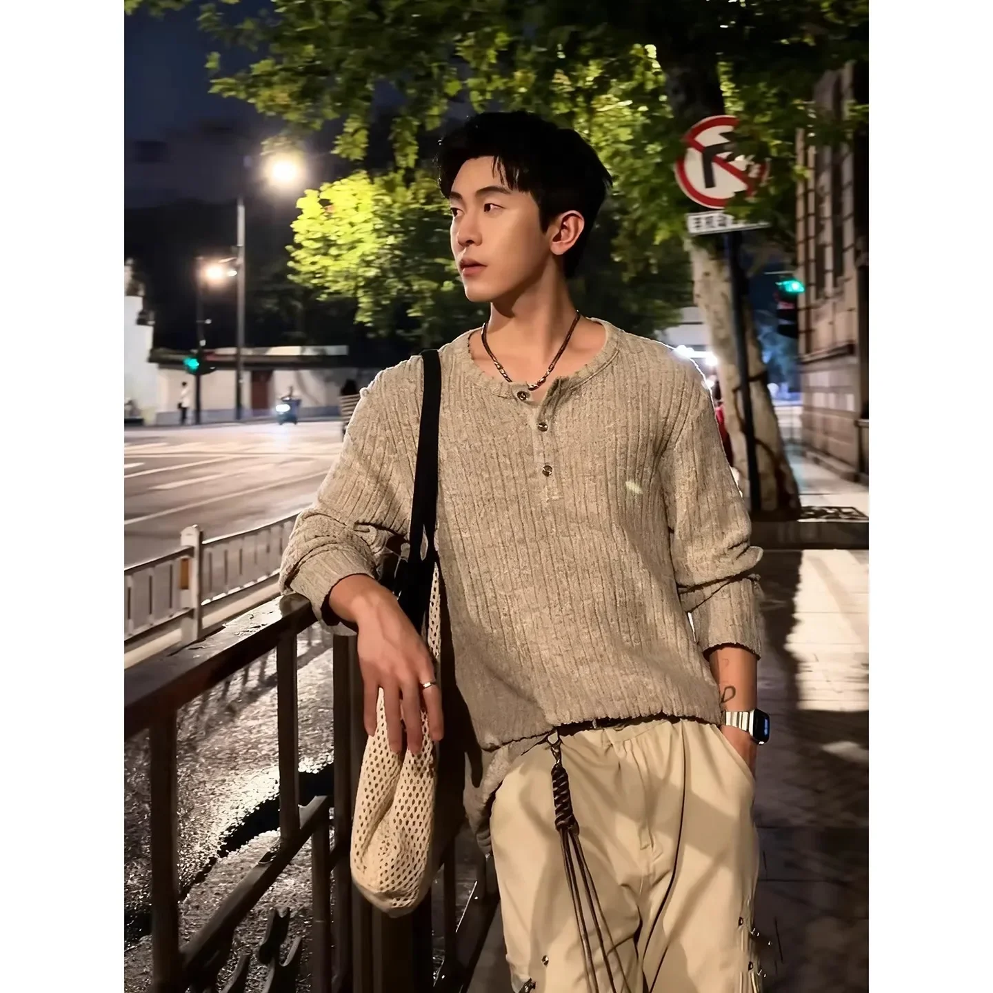 2026 Autumn Men Vertical Striped Henry Collar Long Sleeve T Shirts Vintage Minimalist High Grade Casual Basic Undershirts