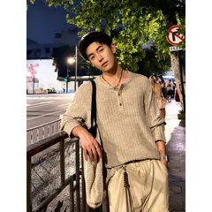 2026 Autumn Men Vertical Striped Henry Collar Long Sleeve T Shirts Vintage Minimalist High Grade Casual Basic Undershirts
