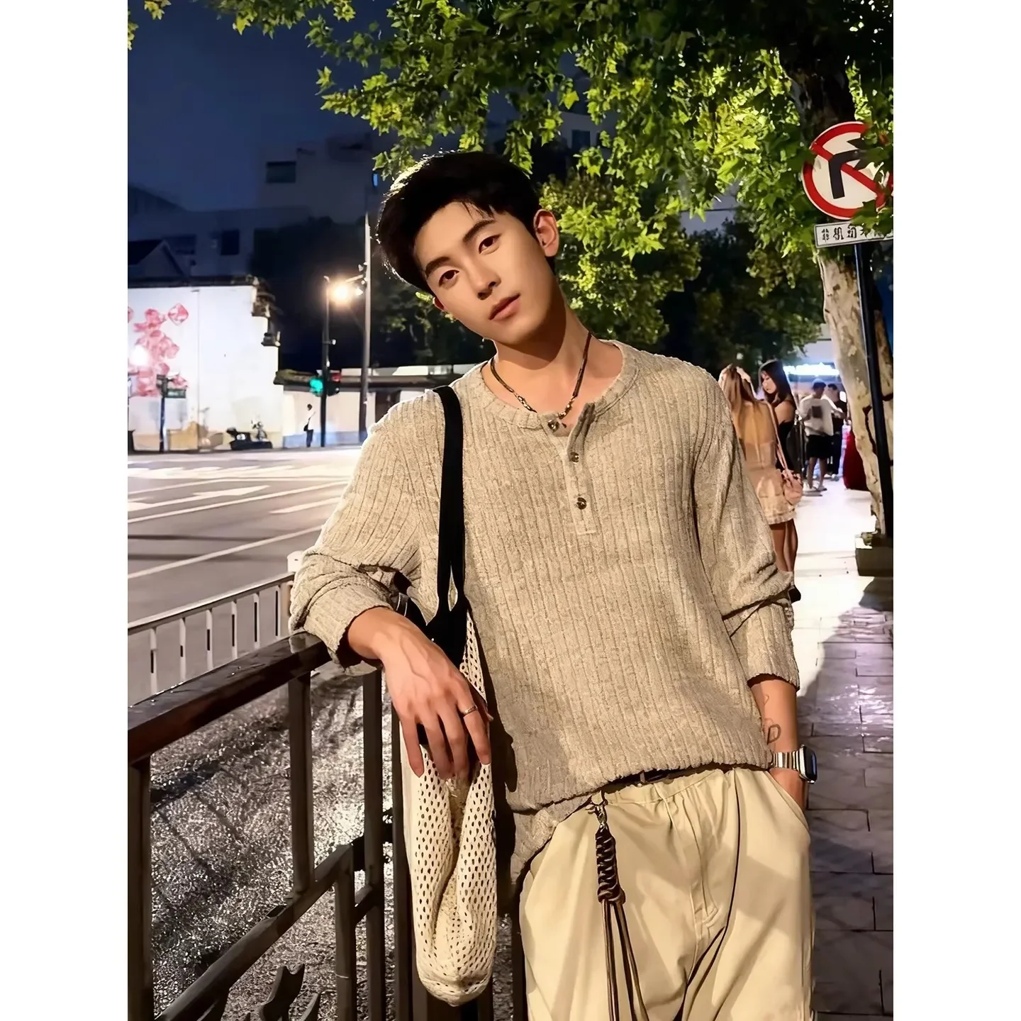2026 Autumn Men Vertical Striped Henry Collar Long Sleeve T Shirts Vintage Minimalist High Grade Casual Basic Undershirts