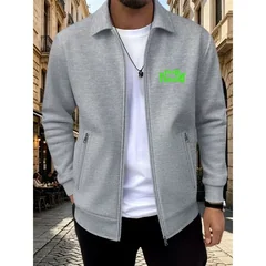 Autumn Men Waffle Knit Lapel Zipper JacketNeon Green Graphic Print Casual Street Coat Men Long Sleeve Hip Hop Outerwear