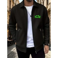 Autumn Men Waffle Knit Lapel Zipper JacketNeon Green Graphic Print Casual Street Coat Men Long Sleeve Hip Hop Outerwear