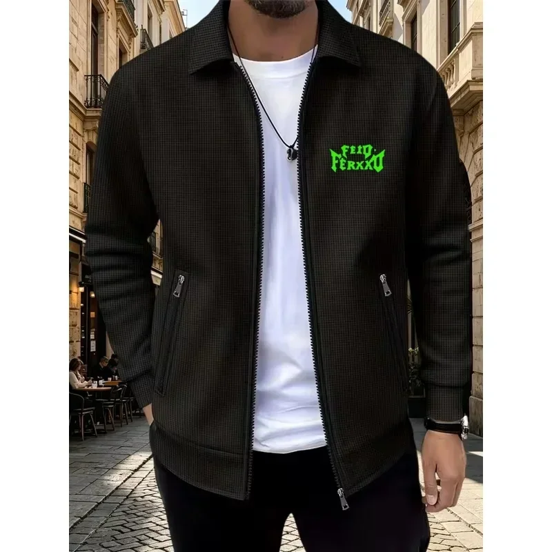 Autumn Men Waffle Knit Lapel Zipper JacketNeon Green Graphic Print Casual Street Coat Men Long Sleeve Hip Hop Outerwear