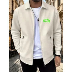 Autumn Men Waffle Knit Lapel Zipper JacketNeon Green Graphic Print Casual Street Coat Men Long Sleeve Hip Hop Outerwear