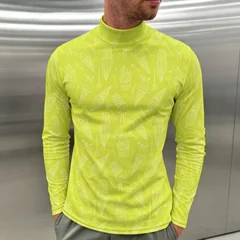 Novelty Dessert Graphic Men Mock Neck Long‑Sleeve Shirt Sketch Line All Over Print Lime Green Casual Streetwear Daily Fashion To