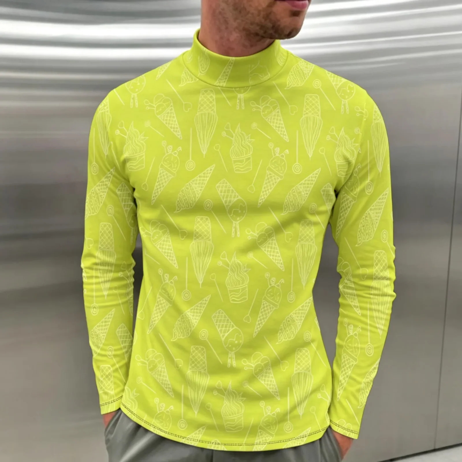 Novelty Dessert Graphic Men Mock Neck Long‑Sleeve Shirt Sketch Line All Over Print Lime Green Casual Streetwear Daily Fashion To