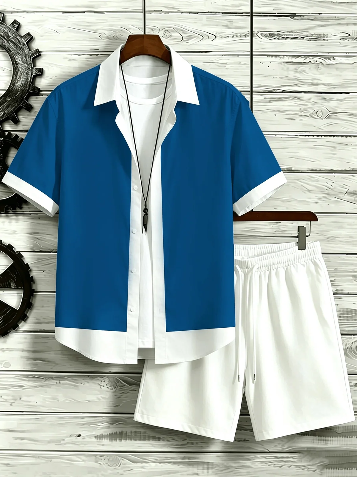 Men Color Block Two Piece Outfit Short Sleeve Shirt Drawstring Shorts Summer Casual Beach Suit