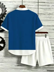 Men Color Block Two Piece Outfit Short Sleeve Shirt Drawstring Shorts Summer Casual Beach Suit