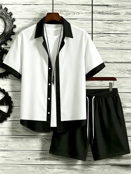 Men Color Block Two Piece Outfit Short Sleeve Shirt Drawstring Shorts Summer Casual Beach Suit