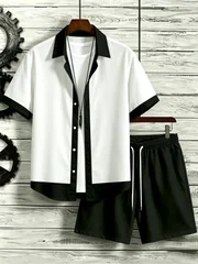 Men Color Block Two Piece Outfit Short Sleeve Shirt Drawstring Shorts Summer Casual Beach Suit