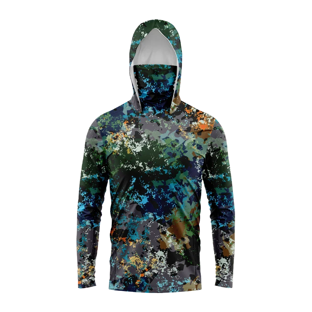 UPF50+ Sun‑Protective Men Fishing Hoodie Colorful Camouflage Pattern Face Gaiter Quick Dry Long Sleeve Outdoor Fishing Tee