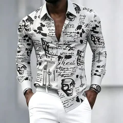 Men's Shirt Graffiti Printed Long Sleeved Shirt, Personalized and Trendy Slim Fit Casual Shirt