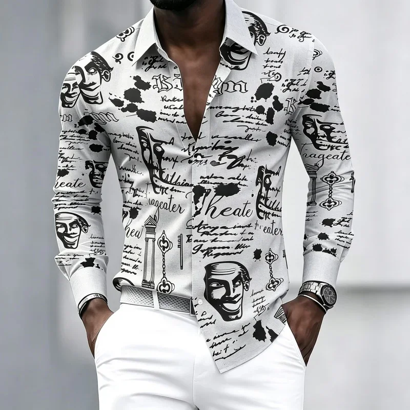 Men's Shirt Graffiti Printed Long Sleeved Shirt, Personalized and Trendy Slim Fit Casual Shirt