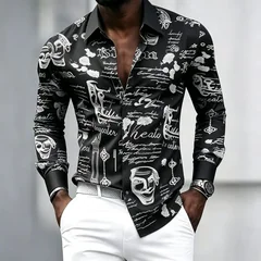 Men's Shirt Graffiti Printed Long Sleeved Shirt, Personalized and Trendy Slim Fit Casual Shirt