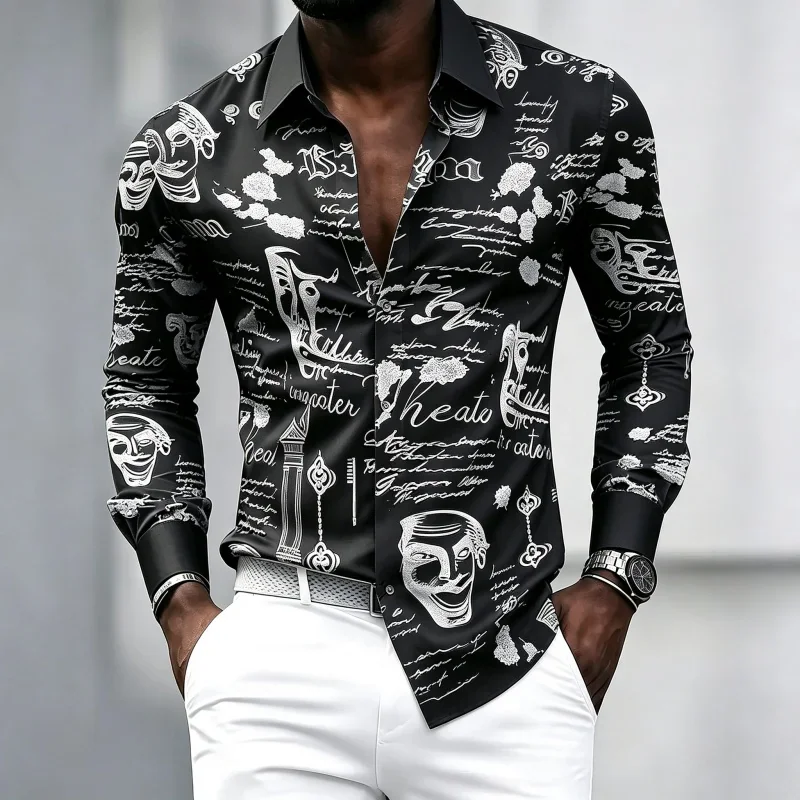 Men's Shirt Graffiti Printed Long Sleeved Shirt, Personalized and Trendy Slim Fit Casual Shirt