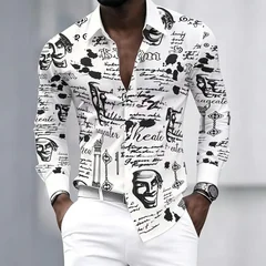 Men's Shirt Graffiti Printed Long Sleeved Shirt, Personalized and Trendy Slim Fit Casual Shirt
