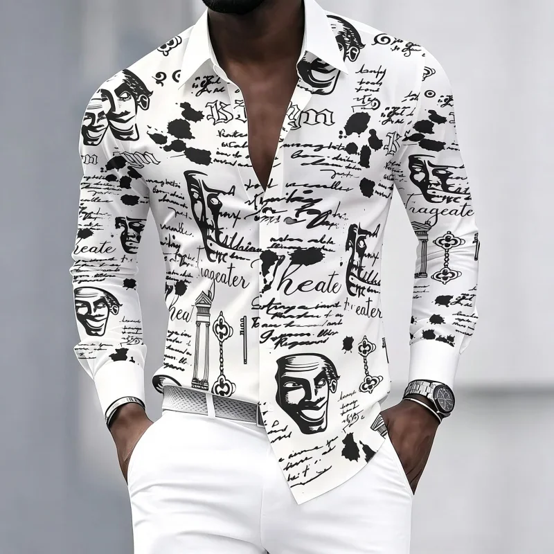 Men's Shirt Graffiti Printed Long Sleeved Shirt, Personalized and Trendy Slim Fit Casual Shirt